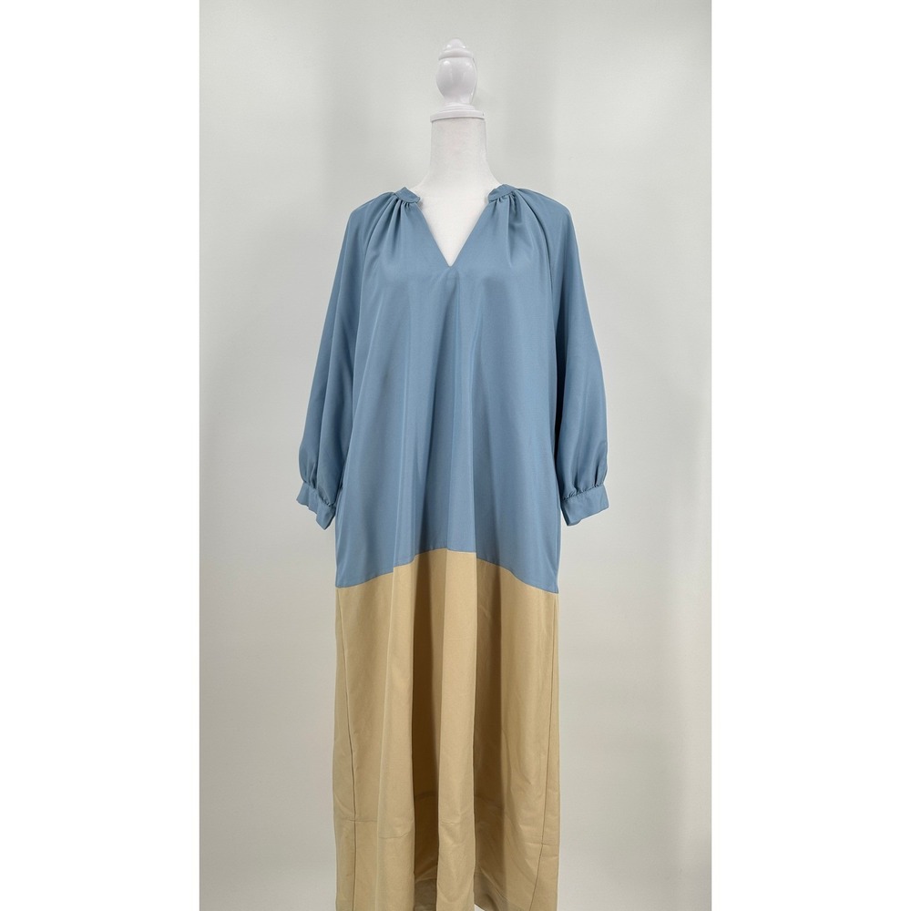 Pomander Place Gemma Blue Tan Colorblock V-Neck Maxi Dress Balloon Sleeve Large - Picture 3 of 9